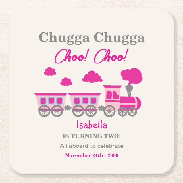 Porta-copo De Papel Quadrado Festa de segundo aniversário de Trem Rosa (Frente)