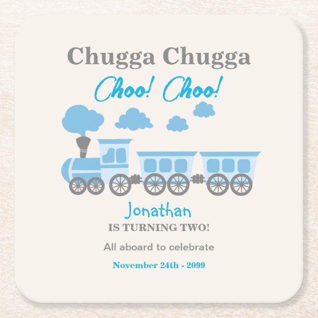 Porta-copo De Papel Quadrado Festa de segundo aniversário do comboio azul para  (Frente)