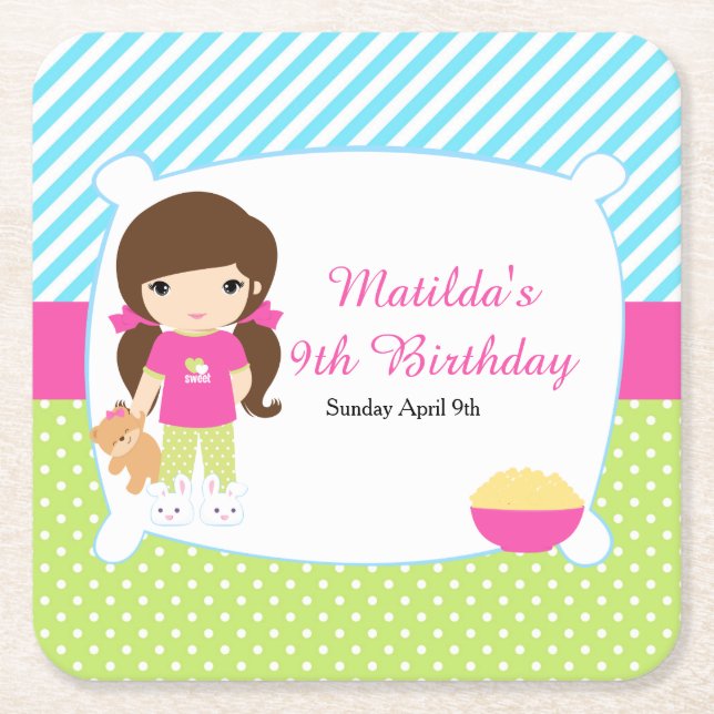 Porta-copo De Papel Quadrado Festa de Sleepover de Brunette Girl (Frente)