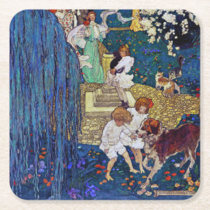 Porta-copo De Papel Quadrado Festa do Jardim com Cães e Gatos, Jessie Willcox 