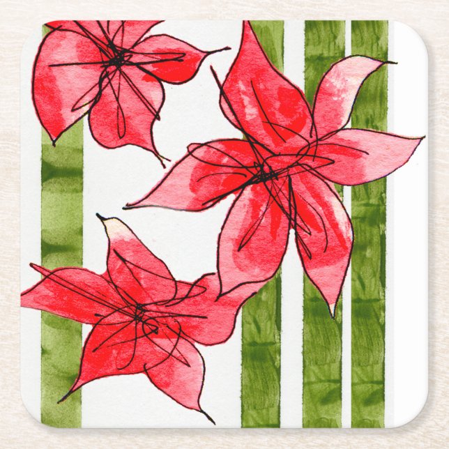 Porta-copo De Papel Quadrado Festive Poinsettia Holiday Coaster (Frente)