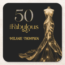 Porta-copo De Papel Quadrado Fifty and Fabulous Gold Dress Black 50th Birthday
