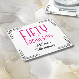 Porta-copo De Papel Quadrado Fifty and Fabulous Hot Pink Art Deco 50th Birthday