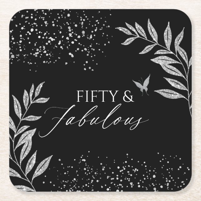 Porta-copo De Papel Quadrado Fifty & Fabulous Black Glam 50th bithday (Frente)