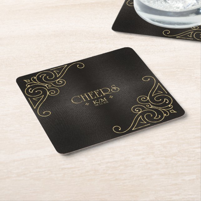 Porta-copo De Papel Quadrado Fine Filigree Dourado Wedding Cheers ID871 (Inclinado)