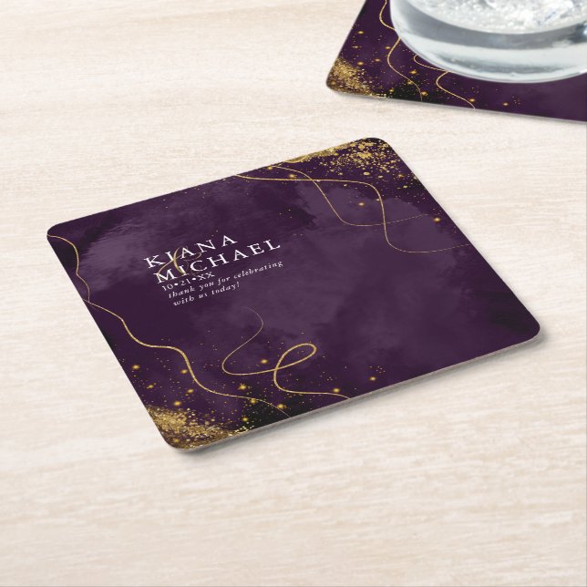 Porta-copo De Papel Quadrado Fine Lines Dourado Abstrato Wedding V1 Plum ID867 (Inclinado)