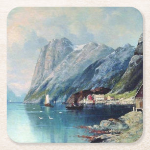 Porta-copo De Papel Quadrado Fiord na pintura da Noruega por lev Lagorio