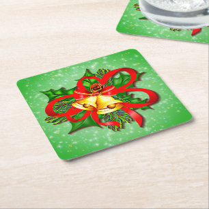 Porta-copo De Papel Quadrado Fios Dourados de Natal Fita Vermelha Verde Holly