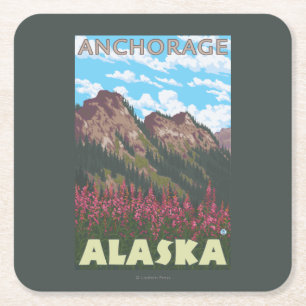 Porta-copo De Papel Quadrado Fireweed & montanhas - Anchorage, Alaska