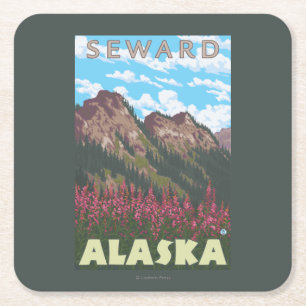 Porta-copo De Papel Quadrado Fireweed & montanhas - Seward, Alaska