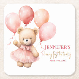 Porta-copo De Papel Quadrado First Birthday Paper Coasters – Watercolor Teddy 