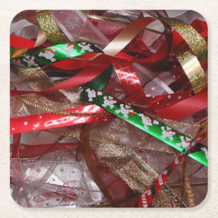 Porta-copo De Papel Quadrado Fitas de Natal Vermelho Verde e Dourado Feriado