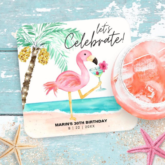 Porta-copo De Papel Quadrado Flamingo Beach Cocktail Palm Tropical Birday (Criador carregado)