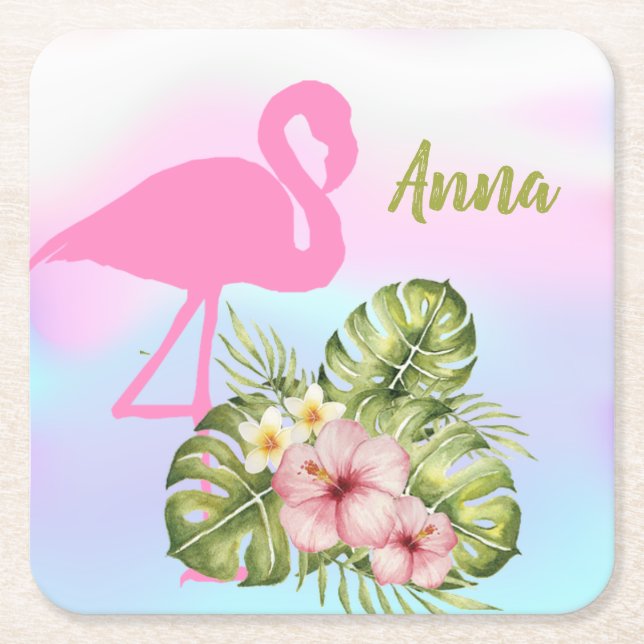 Porta-copo De Papel Quadrado Flamingo Hibiscus Rosa Holographic (Frente)