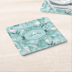 Porta-copo De Papel Quadrado Flamingo Orchid Tropical Pattern Teal ID868