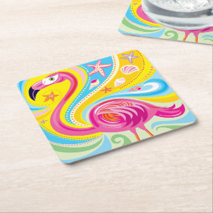 Porta-copo De Papel Quadrado Flamingo Rosa com Estrela do Mar