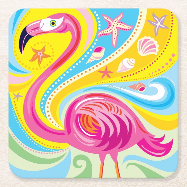 Porta-copo De Papel Quadrado Flamingo Rosa com Estrela do Mar (Frente)