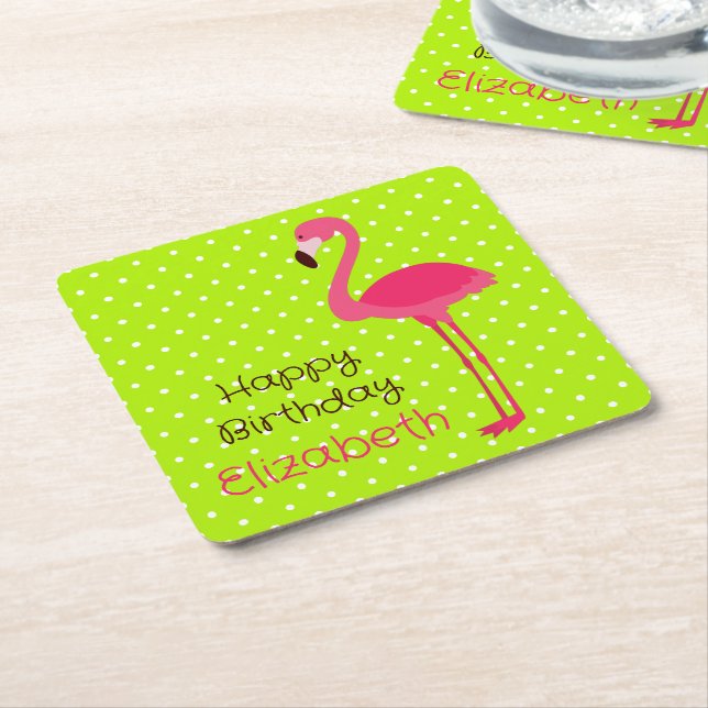 Porta-copo De Papel Quadrado Flamingo rosa tropical sobre Bolinhas brancas verd (Inclinado)