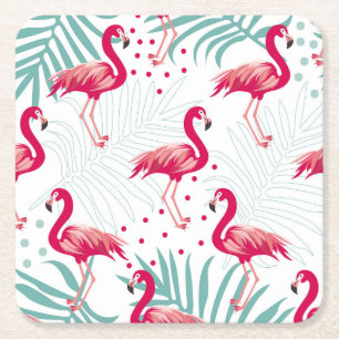 Porta-copo De Papel Quadrado Flamingo tropical e folhas, padrão de verão.