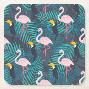 Porta-copo De Papel Quadrado Flamingo, tucano: padrão das folhas tropicais