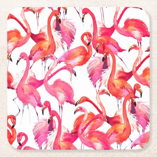 Porta-copo De Papel Quadrado Flamingos De Aquarelas 2 (Frente)