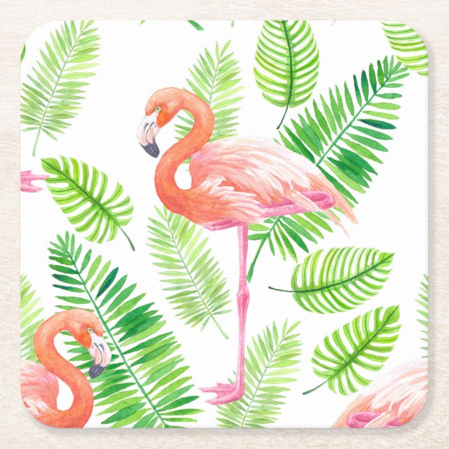 Porta-copo De Papel Quadrado Flamingos e folhas tropicais (Frente)
