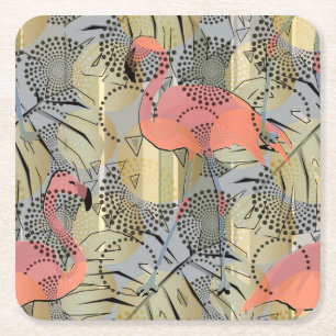 Porta-copo De Papel Quadrado Flamingos em um fundo abstrato.