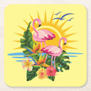 Porta-copo De Papel Quadrado Flamingos tropicais Sol e flores