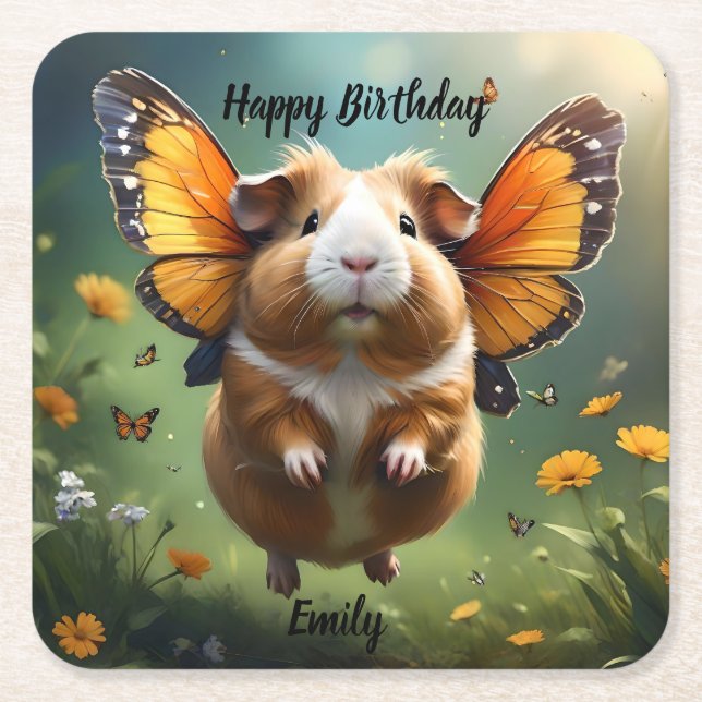 Porta-copo De Papel Quadrado "Flautim Paws: O Porco-guineense Voa" (Frente)