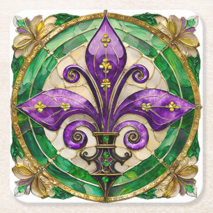 Porta-copo De Papel Quadrado Fleur de lis de vitral do Mardi Gras