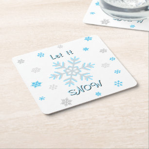 Porta-copo De Papel Quadrado Flocos de Neve Azul Prata Deixe Nevar