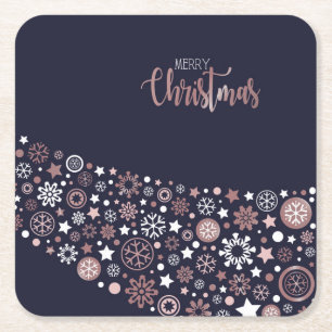 Porta-copo De Papel Quadrado Flocos de neve brancos cor-de-rosa em fundo azul 