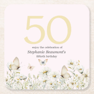 Porta-copo De Papel Quadrado Flor Branco da Mulher Simples 50º Aniversário