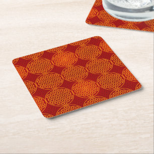 Porta-copo De Papel Quadrado Flor da vida - padrão do selo - vermelho laranja