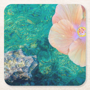 Porta-copo De Papel Quadrado Flor de hibisco água do oceano turquesa havaiano