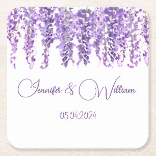 Porta-copo De Papel Quadrado Flor de Lilás Roxo Aquarela Casamento Floral
