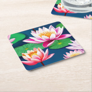 Porta-copo De Papel Quadrado Flor de Lótus Branca Rosa e Folhas Verdes