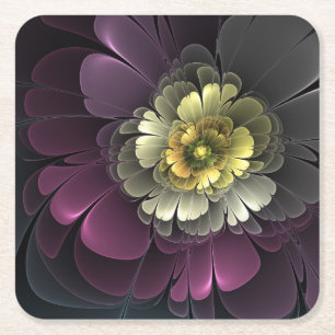 Porta-copo De Papel Quadrado Flor Fractal Abstrata Moderna Purpur Khaki Cinza