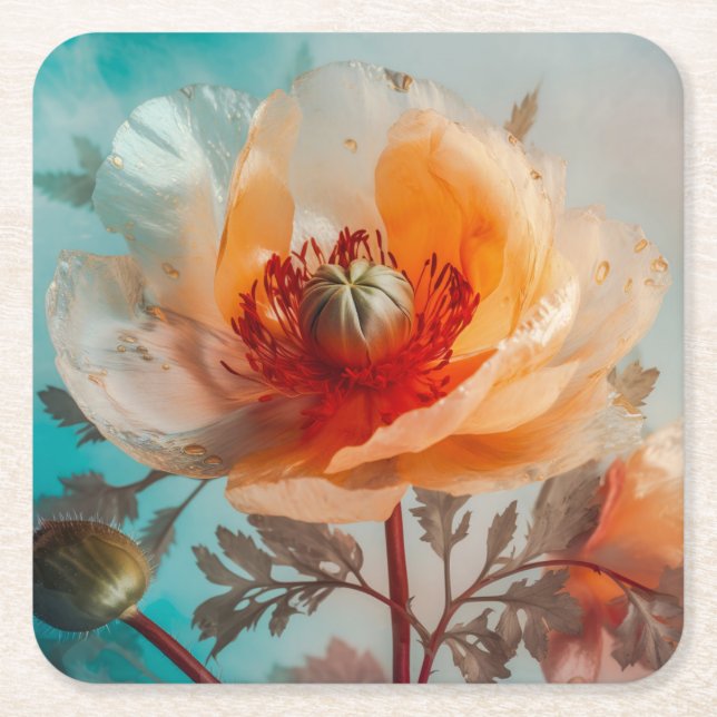 Porta-copo De Papel Quadrado Flor Laranja Delicada (Frente)