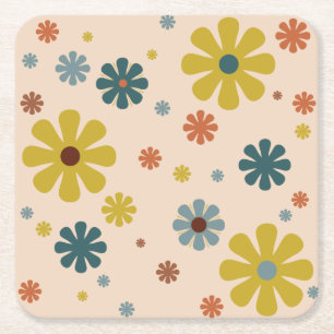 Porta-copo De Papel Quadrado Flor Retro 60s Padrões de energia Laranja Azul