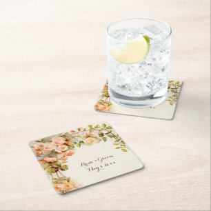 Porta-copo De Papel Quadrado Flor Rosa Rosa Rosa, Anticorada, casamento vintage