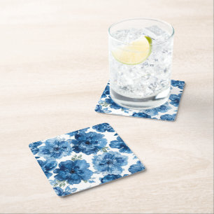 Porta-copo De Papel Quadrado Florais Botânicos de Aguarela Blue Blossom Branco
