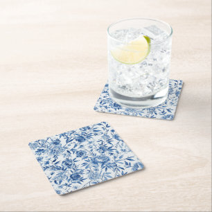Porta-copo De Papel Quadrado Floral Botânico Aquarela Chinoiserie Azul