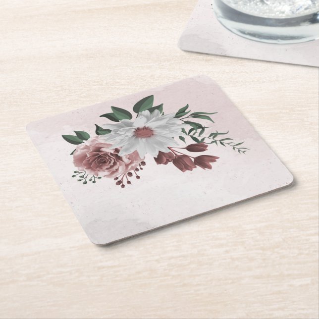 Porta-copo De Papel Quadrado floral branco rosa de canela rosa (Inclinado)