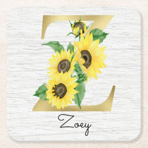 Porta-copo De Papel Quadrado Floral de Girassol Dourado Monogramado Inicial Z