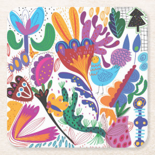 Porta-copo De Papel Quadrado Floral e Plantas Coloridas Desenhadas À Mão