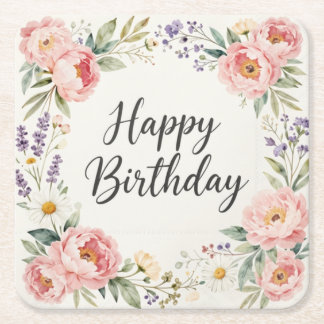 Porta-copo De Papel Quadrado Floral Feliz Aniversário Suporte para Copos | Fest