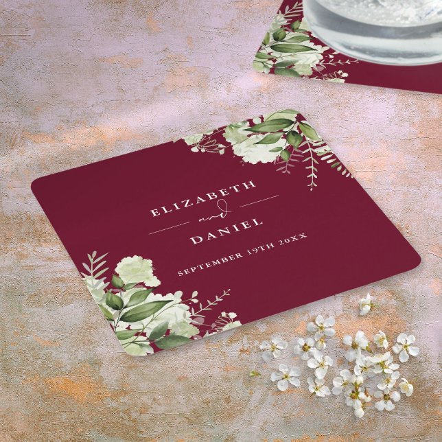 Porta-copo De Papel Quadrado Floral Greenery Elegant Burgundy Casamento (Floral Greenery Elegant Burgundy Wedding Square Paper Coaster)