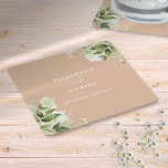 Porta-copo De Papel Quadrado Floral Greenery Elegant Tan Wedding<br><div class="desc">Verde floral elegante do que portas copos de casamento personalizadas com seus nomes e data especial de casamento. Projetado por Thisnotme©</div>