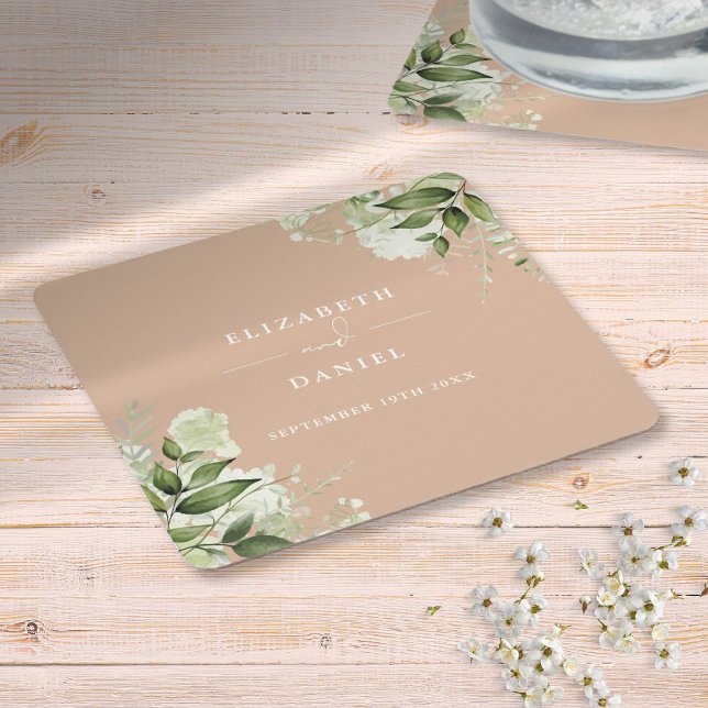 Porta-copo De Papel Quadrado Floral Greenery Elegant Tan Wedding (Floral Greenery Elegant Tan Wedding Square Paper Coaster)